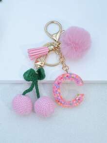 1pc Resin Starry Sky Epoxy English Letter Keychain With Tassel And Black Fur Ball Decoration, Heart Pendant Gift For Friend And Mom - Baby Pink - View 4