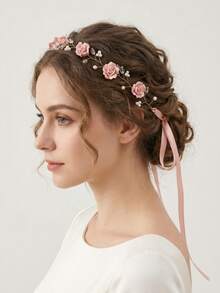 Diadema elegante de mujer con enredadera floral de rosas, perlas y cristales, lazo de cinta, accesorios para el cabello de novia y boda para fiesta, accesorios de dama de honor con cinta - Multicolor - Ver 14