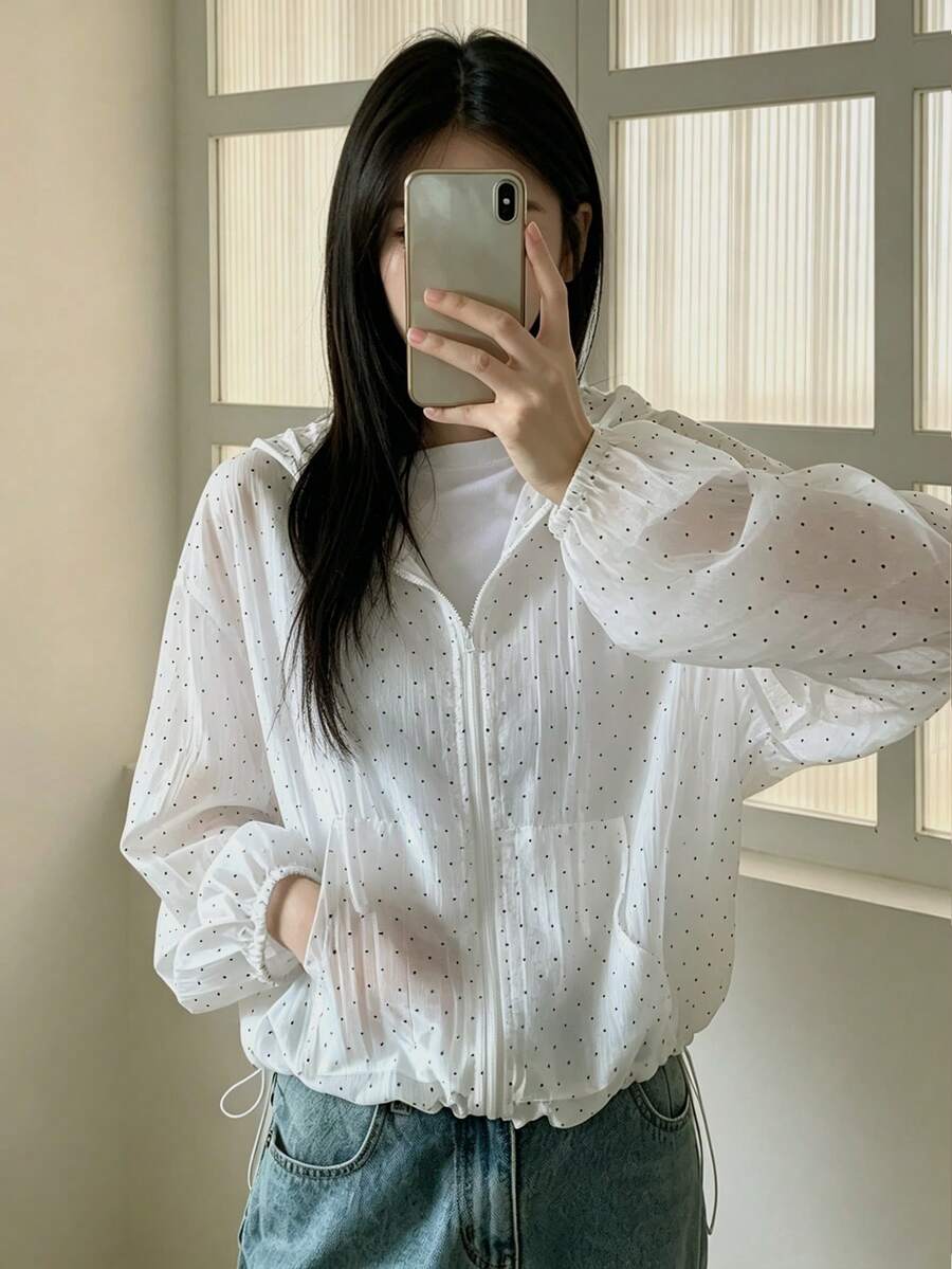 女款寬鬆圓點休閒百搭連帽拉鍊防風防曬外套,隨機拼接布料白色 - 白色 - 查看 1