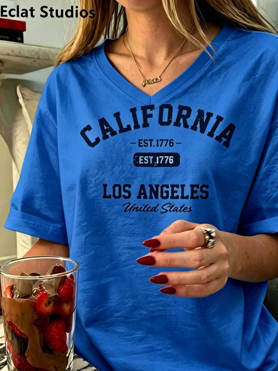 Women's Vintage California Los Angeles Graphic T-Shirt - Casual Round Neck, Short Sleeve, Cotton, Machine Washable, EST 1776 Print2025 - 藍色3 - 查看 1