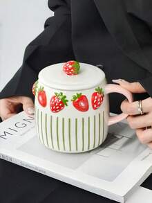 1pc Embossed Fruit Striped Ceramic Mug, Exquisite Coffee Cup With Lid, Lemon, Peach, Strawberry And Blueberry Pattern, Elegant And Practical, Suitable For Home Decor, Father's Day Gift, Father's Day Decoration, Independence Day Gift Decoration, Back To School Gift, Halloween Decoration And Christmas Decoration, Suitable For Coffee Cup, Living Room, Bedroom, Coffee Art, Gift. - Multicolor - View 14