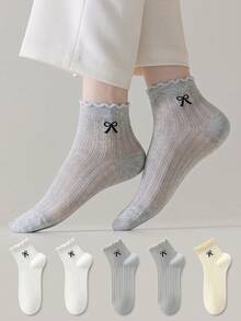 ZUJO 5 Pasang Kaos Kaki Pendek Polos Wanita, Motif Pita, Cocok untuk Perjalanan Keluarga Sepanjang Tahun, Sederhana dan Nyaman, Warna Acak - MultiWarna - View 2