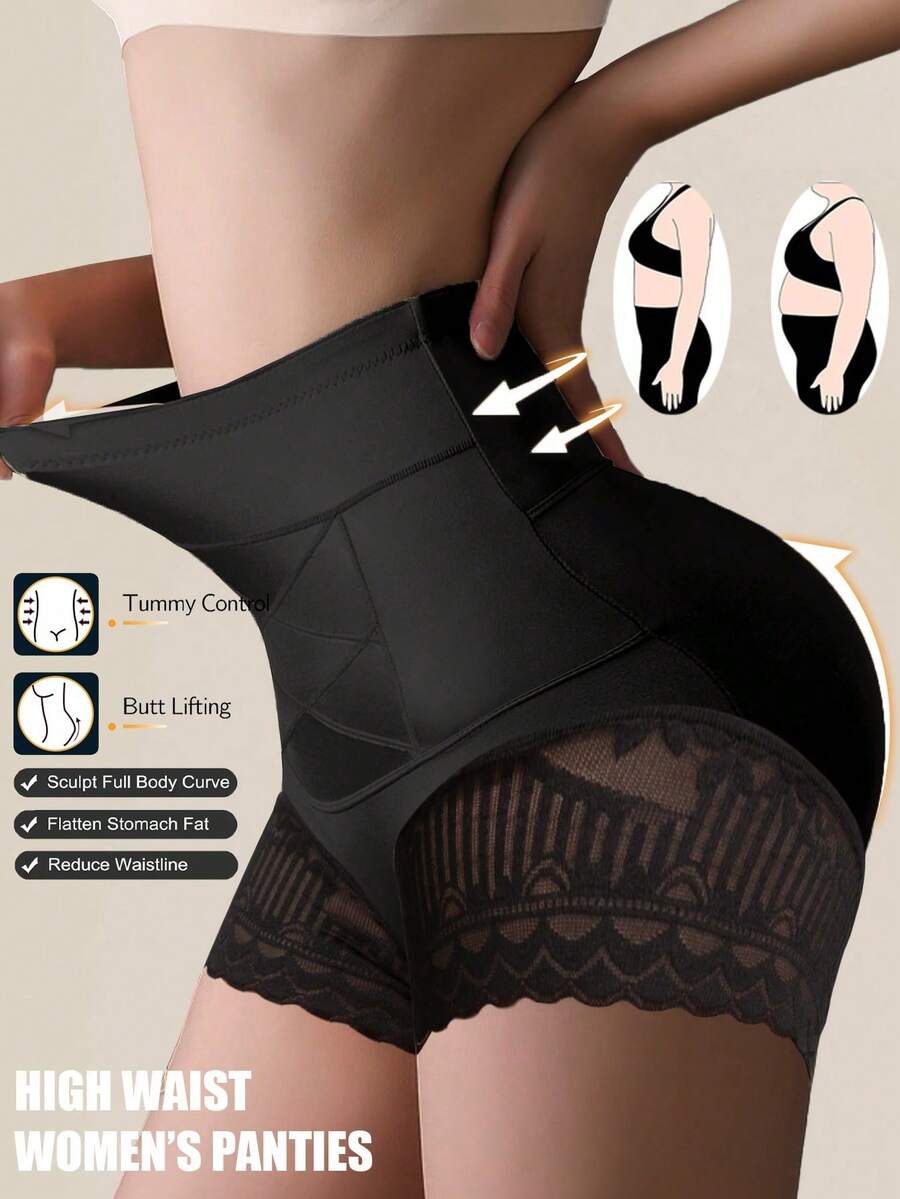 1pc High-Waisted Seamless Shaping Panties. Tummy Control, Butt Lifting, Lace Detail. - Black - View 1