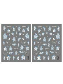 2pcs/Pack 5D Jelly Texture Hibiscus Petal Spring Nail Stickers, Embossed Blue & White 5-Petal Flower Line French Nail Art Decals, Soft Carving DIY Wedding Nail Supplies, Valentine's Day Nail Decoration - Multicolor - View 10