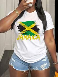 1 Piece Casual Fashion Item For Men And Women. Women's White T-Shirt With Jamaican Flag Print, Round Neck, Casual Cotton T-Shirt, Elastic Knit Fabric M - 白色 - 查看 1