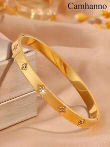 1/5Pcs Gold Plated Stainless Steel Cuff Bangles For Women, Classic Rhinestone Inlaid Stackable Bracelets, Non Tarnish Waterproof Jewelry - Gold 2 - View 12