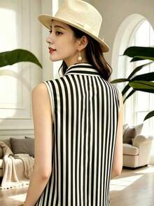 1pc Unique And Beautiful Sleeveless Striped Shirt, With French High-End Style, Perfect For Summer Wear, French Girl Style - Black - View 3