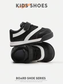 1 Pair Infant Toddler Side Colorblock Striped With Stitching Detail Round Toe Low-Top Design Hook & Loop With Decorative Laces Flat Sole Classic Retro Style Kids Sneakers For Daily Wear, Holiday Outings And More - Black - View 1