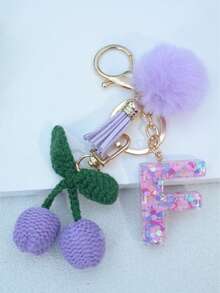 1 buah Gantungan Kunci Huruf Inggris Resin Bermotif Langit Berbintang dengan Hiasan Rumbai dan Bola Bulu Hitam, Liontin Hati, Hadiah untuk Teman dan Ibu - Mauve Purple - View 7