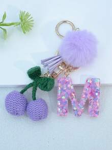 1 buah Gantungan Kunci Huruf Inggris Resin Bermotif Langit Berbintang dengan Hiasan Rumbai dan Bola Bulu Hitam, Liontin Hati, Hadiah untuk Teman dan Ibu - Mauve Purple - View 11