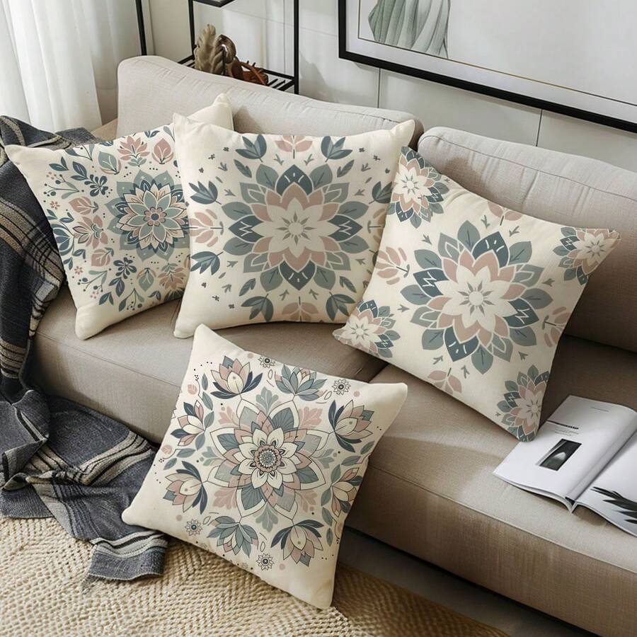 4pcs Morandi Color Symmetrical Floral Pattern Throw Pillow Covers, Single-Sided Print, Plaid And Striped Background Strawberry Pattern, 45*45cm Peach Skin Velvet Throw Pillow Covers, Suitable For Living Room, Home Decor, Living Room Sofa Decorative Throw Pillow Covers, Pillow Insert Not Included - Multicolor - View 1