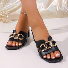 Women's Square Toe Metal Chain Chunky Heel Sandals, Multi-Functional Open Toe High Heel Mule Shoes, Suitable For Outdoor Wear, Summer Fashion Sandals - Black - View 7
