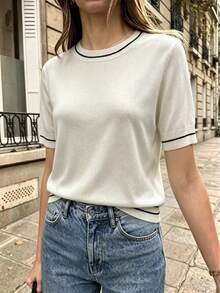 Women's Spring/Summer Series Color Block Patchwork Round Neck Short Sleeve Knit Sweater, Versatile Everyday Top White - White - View 1