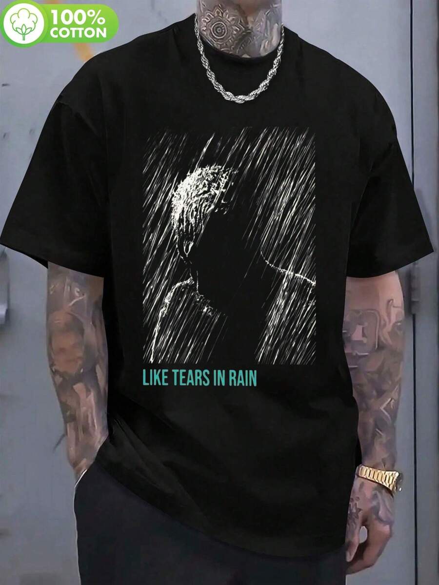 Men's Black T Shirt,Printed"Like Tears In The Rain"Pattern Design - Very Suitable For Leisure Activities - 黑色 - 查看 1