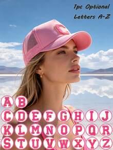 1 pieza Gorra de béisbol de malla personalizada unisex con 26 letras, gorra de camionero transpirable y ajustable, para verano, playa, golf, correr y uso diario - Rosa - Ver 1
