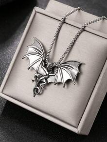 1pc Dark Vintage Dragon Totem Pendant Necklace, Men's Stainless Steel Distressed Box Chain, Street Hip Hop Accessory - Antique Silver - View 8