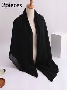 2pcs Chiffon Muslim Hijab Sun Protection Square Scarf Beach Plain Casual Scarf 140*140cm - Black - View 5