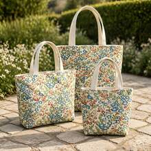 Vintage Blue Red Flower Print Canvas Handbag Casual Daily Shopping Beach Bag - View 2