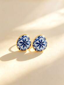 1 Pair Blue And White Porcelain Flower Stud Earrings For Women, Daily And Vacation Wear - FLOWER Earring - View 9
