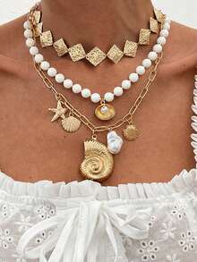 Juego de 3 collares colgantes de varias capas con cuentas de colores, perlas falsas, estrella de mar, concha y caracol en dorado, estilo bohemio minimalista de moda para mujer, para verano, playa, vacaciones, citas, fiestas, regalo para novia, esposa, mamá, amiga, regalo de cumpleaños y uso diario versátil - Multicolor - Ver 6