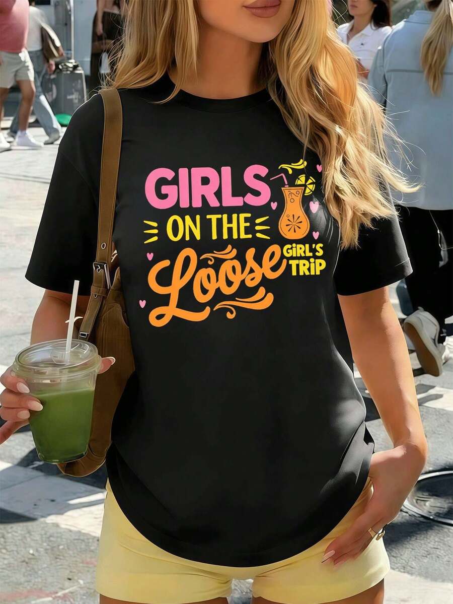 Camiseta Girls On The Loose Grafik, hochwertiger Stoff, bequeme Passform, atmungsaktiv, l?ssig, einzigartiger Grafikdruck - Negro - Ver 1