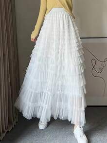 优雅女士长款多层薄纱裙，白色多层荷叶边裙，时尚百搭 - 白色 - 查看 5