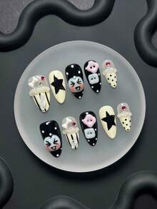 Handmade Reusable False Nails, Summer Style, 3D Wearable Nails, Y2K Fashion, Almond Shaped Nails, Black & Cream Polka Dot & Star Pattern Design, Cute Cartoon Face & Button Decor, Sweet False Nails With Musical Note & Bow Details, Casual Japanese Manicure Style, Reusable Press-On Short Nails - Multicolor - View 1