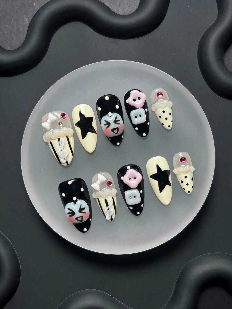 Handmade Reusable False Nails, Summer Style, 3D Wearable Nails, Y2K Fashion, Almond Shaped Nails, Black & Cream Polka Dot & Star Pattern Design, Cute Cartoon Face & Button Decor, Sweet False Nails With Musical Note & Bow Details, Casual Japanese Manicure Style, Reusable Press-On Short Nails - Multicolor - View 1