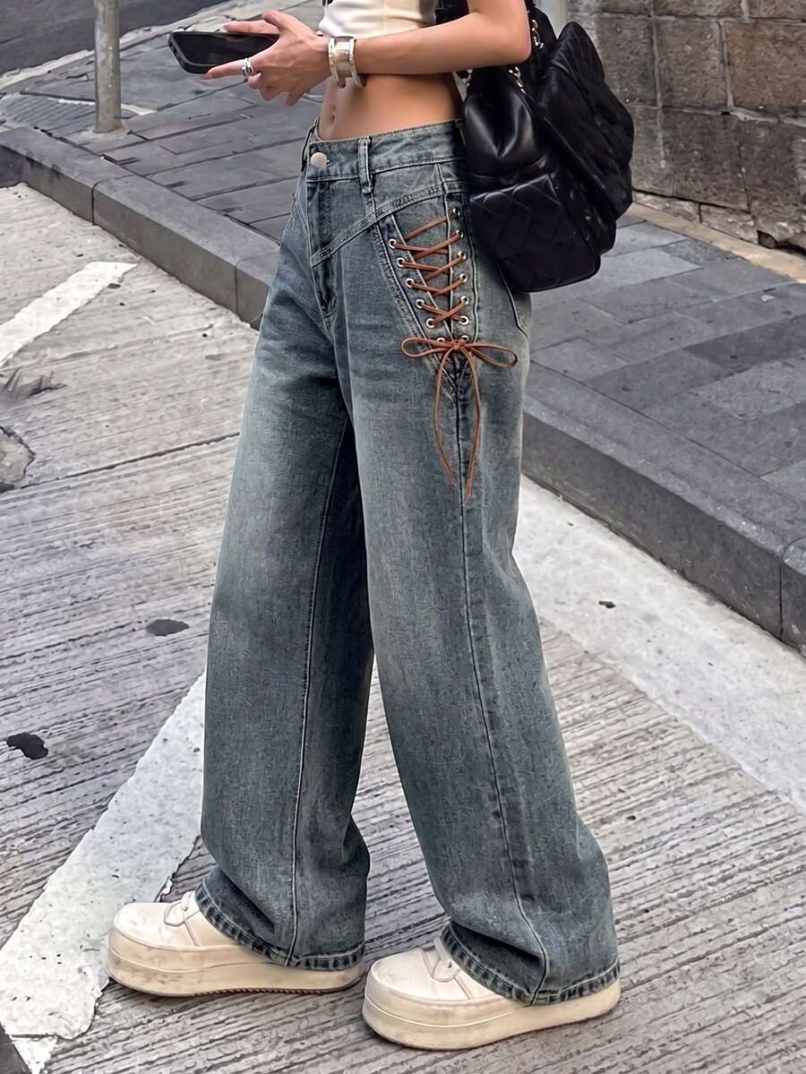 复古美式风格个性化侧系带设计女式直筒牛仔裤 - 深色水洗藍 - 查看 1