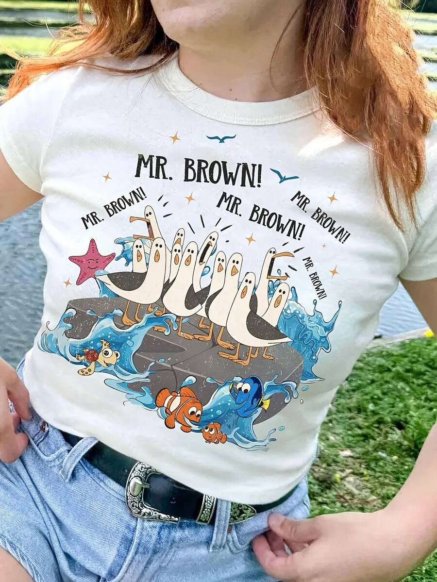 100% Baumwolle Y2K Locker geschnittenes Kurzarm-T-Shirt Unisex Personalisierte T-Shirt für Lehrer  Findet Nemo und die Möwen, Dankeschön-Geschenke - Weiss - Übersicht 1