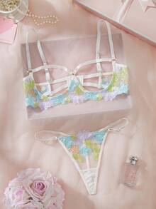 女性性感內衣套裝，亮色刺繡網格面料含內襯，鋼圈與後扣設計 - 白色 - 查看 3