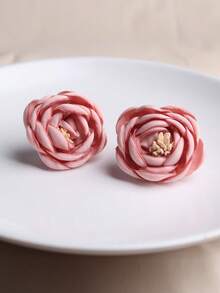 1 Pair Pink Fabric 3D Rose Stud Earrings, Vintage Soft French Style Floral Earrings, Romantic Date Night Accessory, Gift - Pink - View 5
