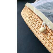 1pc Handwoven Rattan Food Serving Tray With Foldable Mesh Food Cover, Decorative Floral Inlay Wicker Fruit Bread Basket, Breathable Net Dome Tent Fly Proof Dish Platter For Picnic, - Fly Shield - View 7
