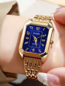 2件/1件女款優雅金色飾品套組，藍色錶盤方形鋼帶石英手錶搭配水鑽愛心手鍊，精緻設計展現奢華魅力，適合生日、情人節或畢業禮物送給女友與好友，展現溫柔知性魅力 - 金色 - 查看 3