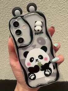1 Stück asymmetrische transparente Luxus UV-lackierte Cartoon Panda Muster DIY Panda Ohren niedliche erhöhte Kante Anti-Sturz Handyhülle kompatibel mit Apple Handy 17 16 15 14 13, S26 Plus/S25Edge/S24/S23/S22 Ultra - transparent ch - Übersicht 2