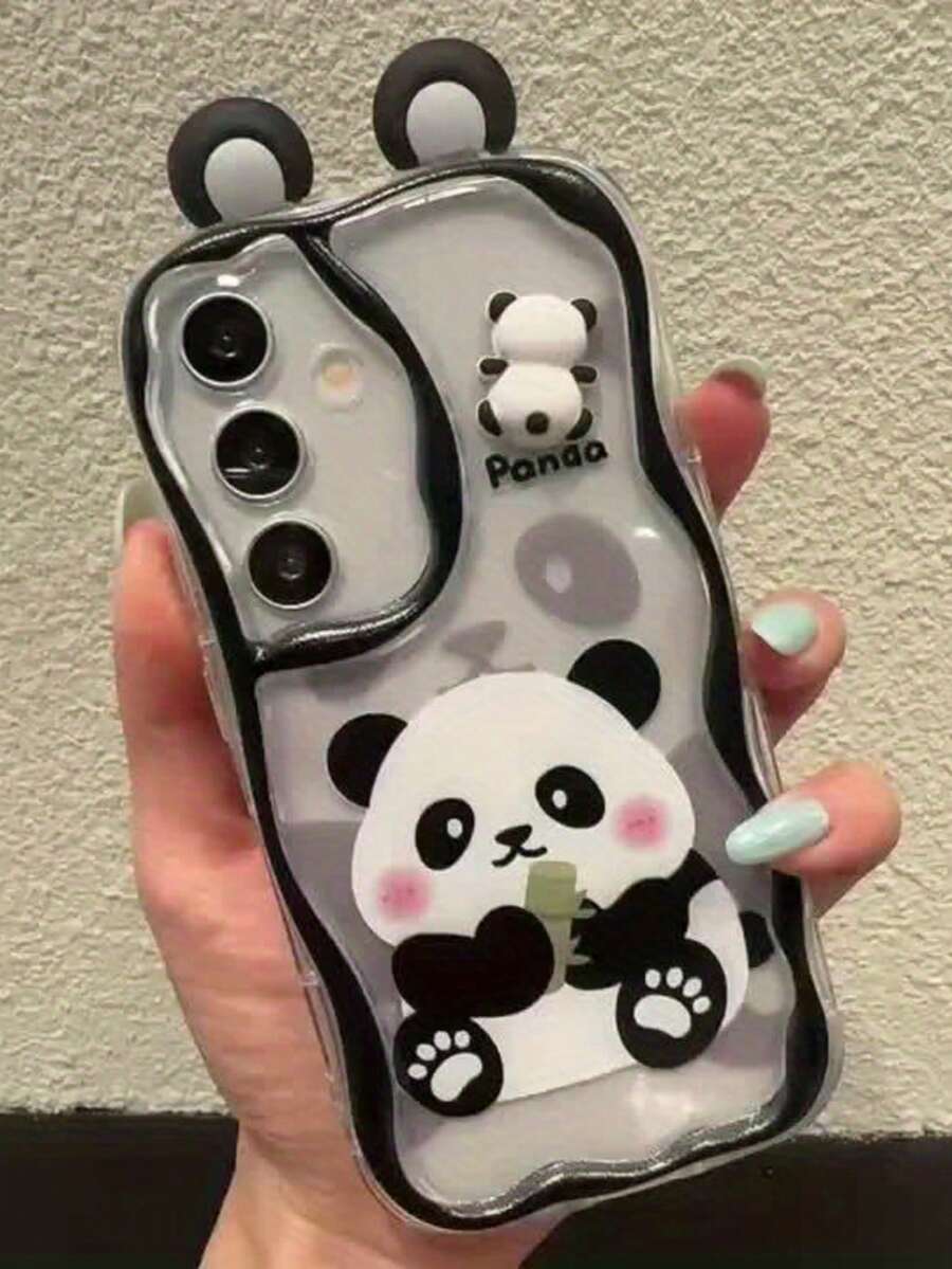 1 Stück asymmetrische transparente Luxus UV-lackierte Cartoon Panda Muster DIY Panda Ohren niedliche erhöhte Kante Anti-Sturz Handyhülle kompatibel mit Apple Handy 17 16 15 14 13, S26 Plus/S25Edge/S24/S23/S22 Ultra