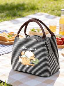 Striped Pattern Insulated Lunch Bag With Backpack Cat Design, Insulated Bento Box Bag, Thickened Aluminum Foil Lunch Bag, Cold-Keeping Picnic Tote Bag, Portable Lunch Box Bag, Suitable For Work And Outdoor Activities, Lunch Bag, Work And School Storage Bag, Teacher Storage Bag, Back To School Striped Pattern Insulated Lunch Bag, Insulated Bento Box Bag, Thickened Aluminum Foil Lunch Bag, Cold-Keeping Picnic Tote Bag - Multicolor - View 3