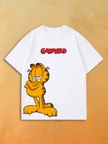 SHEIN | Garfield 女款卡通印花圓領T恤，休閒寬鬆街頭風短袖上衣，適合夏季日常與度假穿著 - 白色 - 查看 1