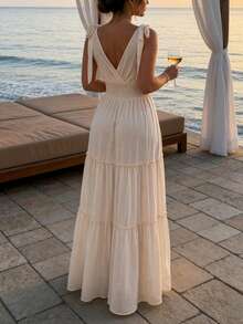 Spring/SummerWhite V-Neck Spaghetti Strap Vacation Dress, Suitable For Beach Vacation, Restaurant Date, Beach Dinner, Garden Picnic - Apricot - View 5