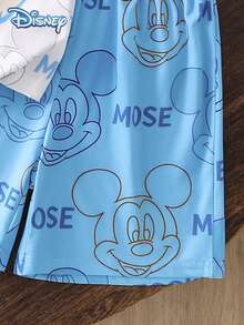 Conjunto de camiseta de manga corta con estampado de cabeza grande de Mickey Mouse y shorts con estampado de garabatos de Mickey de Disney para niños, patrón de dibujos animados, ligero estiramiento, adecuado para uso diario de niños pequeños en vacaciones de verano - Azul - Ver 7