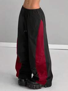 Women's Fashion New Contrast Color Patchwork Pocket Drawstring Casual Pants, Loose Straight Leg Wide Leg Cargo Pants, Versatile Slimming Slouchy For Daily Wear, Vacation, Sports, Dance, Spring Summer Autumn Winter All Seasons - Black and Red - View 4