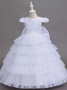 KAFEIBEI Young Girls Princess Dress With Luxurious Bow, V-Neck, Sequins And Tulle, Fluffy Long Skirt, Wedding Princess Party Gown, Suitable For Graduation Prom And Formal Occasions - White - View 7