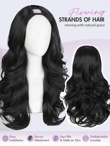 22 Inch Women's U-Shaped Layered Curly Synthetic Fiber Heat Resistant Clip-In Half Wig, Suitable For Daily, Party, Vacation, Available In Black/Golden/Brown Highlights - Black - View 6