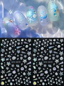 2入雷射極光貝殼海星美甲貼紙，海洋微風海螺氣泡珍珠可愛卡通海洋生物 Y2K 美甲配件，度假適用 - 彩色 - 查看 6