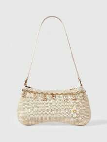Bolso de paja, encaje, flor adhesiva, modelo de perlas