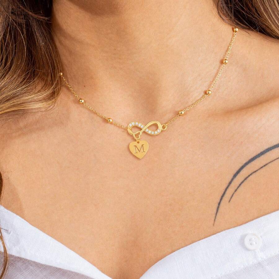 1pc Classic Minimalist Heart Infinity Symbol Letter Pendant Gold Stainless Steel Bead Chain Necklace For Women - Yellow Gold - View 1