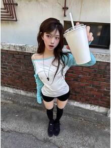 Women's Cold Shoulder Long Sleeve Knit Top, Round Neck Design, Fashion Regular Length, Autumn Knit Sweater - White - View 4