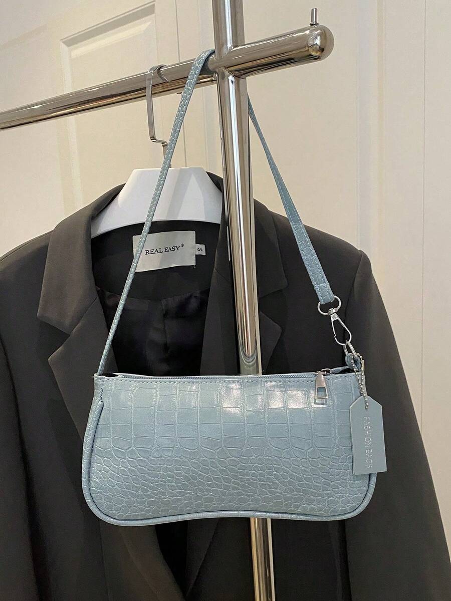 Korean Style Crocodile Embossed Handbag For Women, New Fashion Shoulder Bag, Minimalist Crescent Moon Tote Bag For Women, For Going To Work, Green - 藍色 - 查看 1