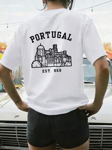 Y2K-Stil 1-teiliges Damen-T-Shirt, Y2K-Druck, lässiges sportliches Kurzarm-T-Shirt für Damen mit portugiesischem Stadtarchitektur-Druck - Weiss - Übersicht 2