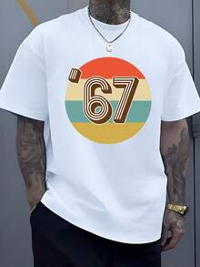 Círculo retro con número 67 en tonos naranja beige turquesa y mostaza que evoca la energía de 1967 camiseta de hombre - Blanco - Ver 1